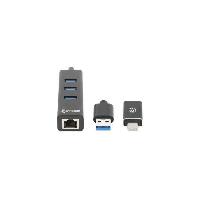 USB Hub Manhattan 3-Port USB 3.0 Typ-C/A combo-+ network adapter