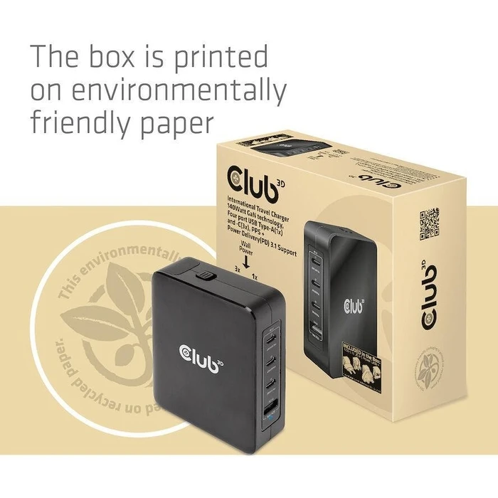 Φορτιστής Πρίζας Club 3D travel 3xUSB Typ C, 1xUSB Typ A, PD 140W