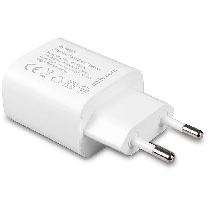Φορτιστής Πρίζας Lindy USB Typ A & C 20W, White