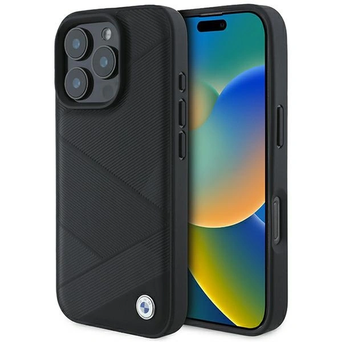 BMW BMHCP16L23RCGPK Apple iPhone 16 Pro hardcase Sign Leather Crossing Lines Pattern black