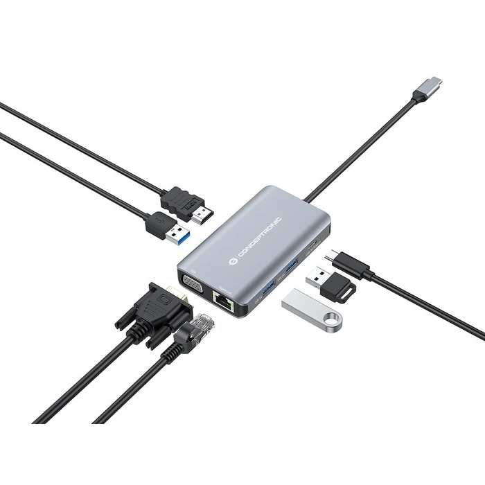 Docking Station Conceptronic USB-C->HDMI,VGA,GbE,3xUSB3.0,100WPD 0.25m