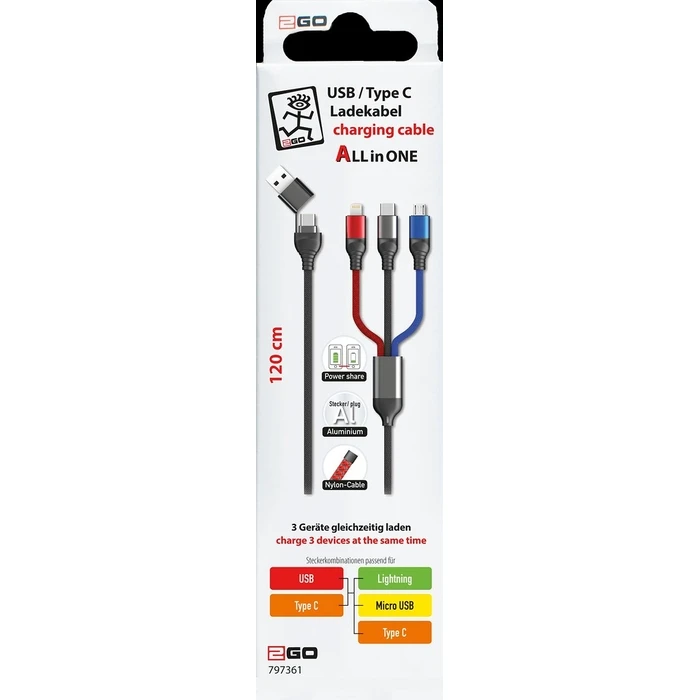 Καλώδιo USB 2GO USB / Type-C Micro USB, Lightn., Type-C 1,2m sw