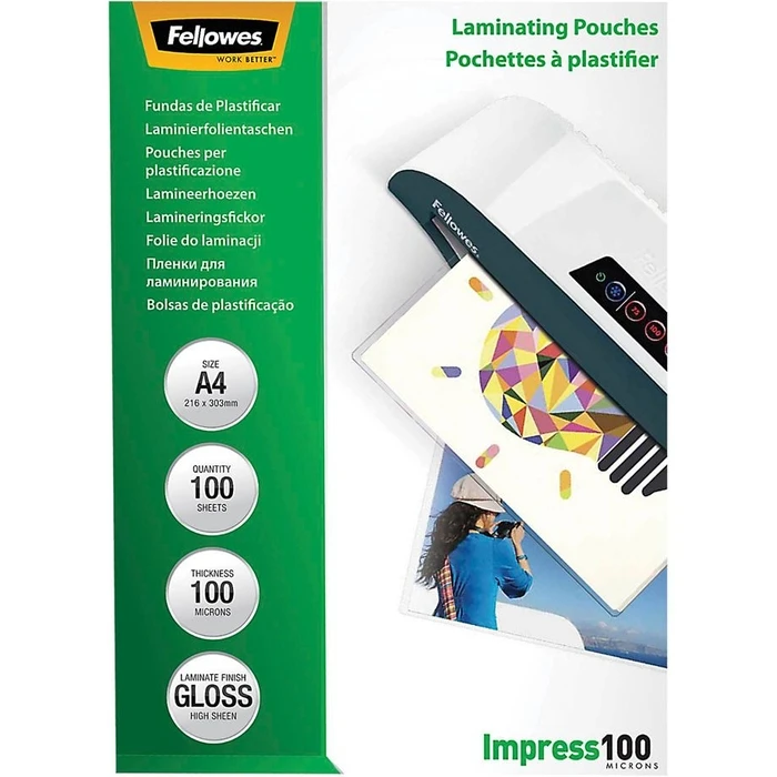 Ζελατίνες Πλαστικοποίησης Fellowes A4 Glossy 100 Micron Pouch 100-pack