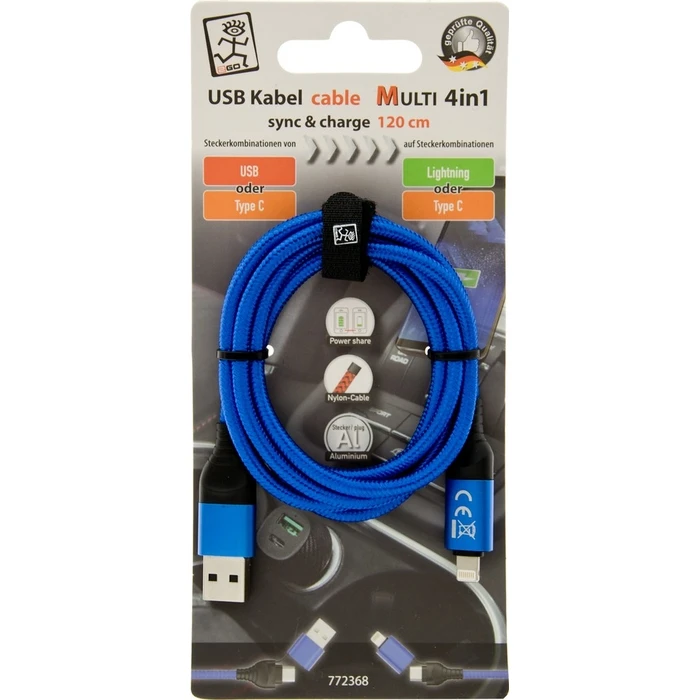 Καλώδιο USB 2GO USB / Type C LadeCable 4 in 1 USB A, Lighn. 1,2m Blue