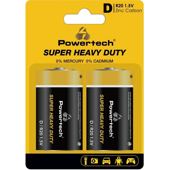 Μπαταρία Zinc Powertech Carbon Super Heavy Duty PT-1222, R20 1.5V, 2τμχ
