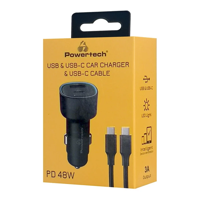 Φορτιστής Αυτοκινήτου Powertech PT-1230, Καλώδιο, Usb/USB-C, 48W, Μαύρος