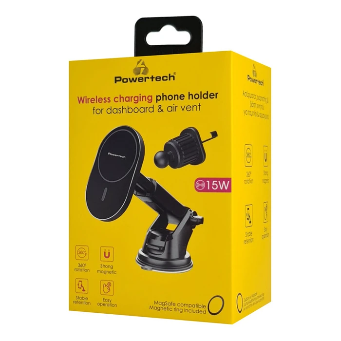 Βάση Κινητού Αυτοκινήτου Powertech Ασύρματος Φορτιστής PT-1241, 15W, Μαύρος
