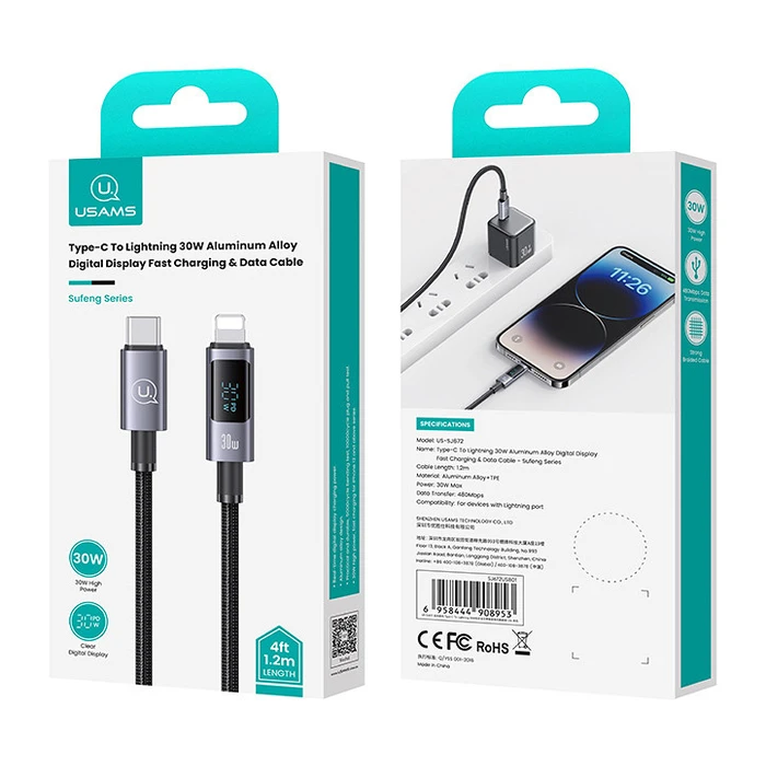 Καλώδιο Lightning Usams σε USB-C US-Sj672, 30W, 480Mbps, 1.2M, Μαύρο