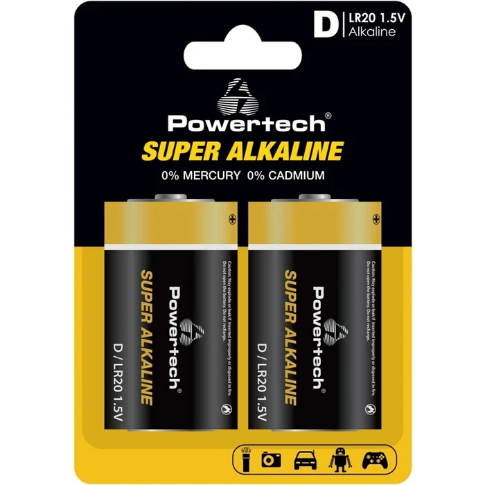 Αλκαλικές Μπαταρίες Powertech Super Alkaline PT-1217, Lr20, 1.5V, 2τμχ