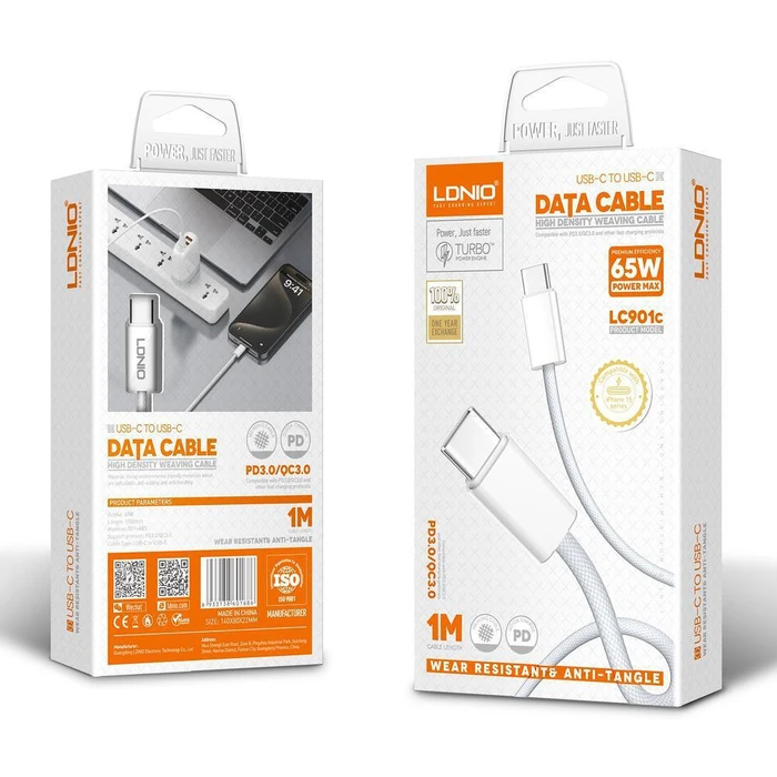 Καλώδιο USB-C Ldnio Lc901C, 65W Pd, 480Mbps, 1M, Λευκό