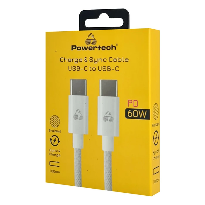 Καλώδιο USB-C Powertech PTR-0183, 60W, 480Mbps, 1M, Λευκό