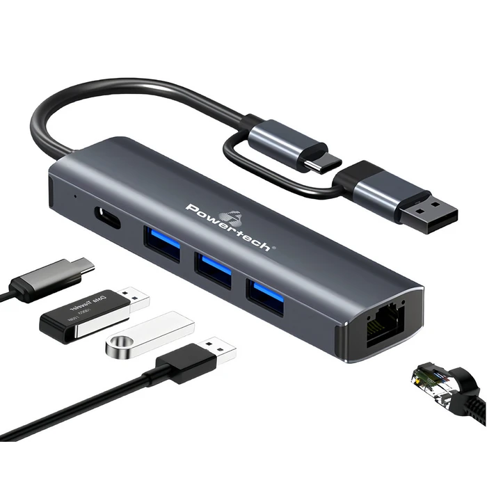 USB Hub Powertech PTR-0150 με Θύρα Δικτύου, 4 Θυρών, USB & USB-C, Γκρι