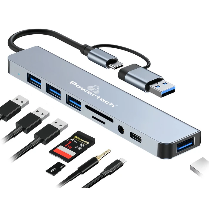 USB Hub Powertech PTR-0151 με Card Reader, 8 Θυρών, USB & USB-C, Γκρι