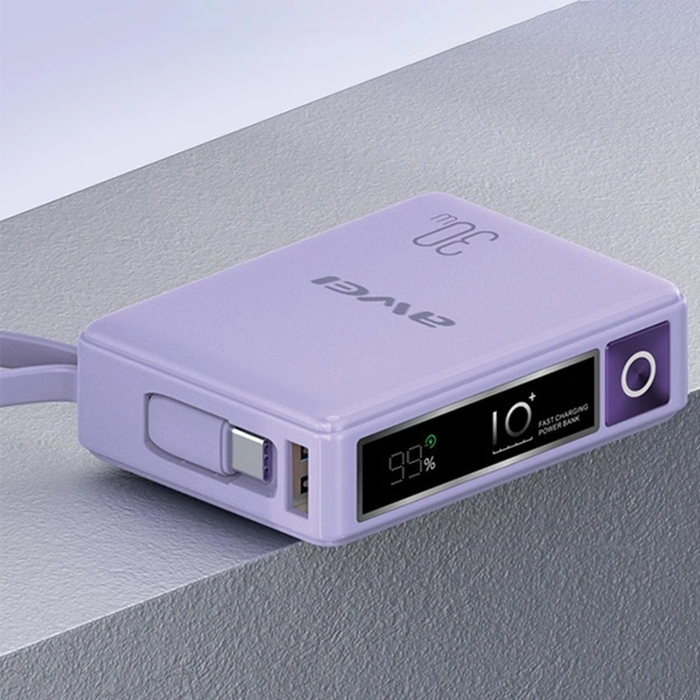 AWEI P87K 10000mAh 30W powerbank with built-in USB-C cable black 