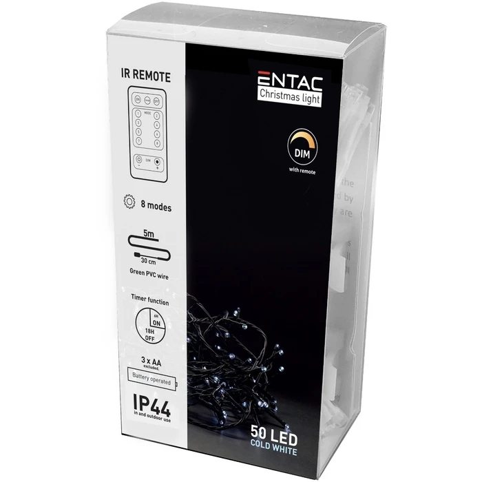 Χριστουγεννιάτικα Λαμπάκια Entac IP44 50 LED Ψυχρό 5m με τηλεχειριστήριο (3xAA Δεν περιλαμβ.)