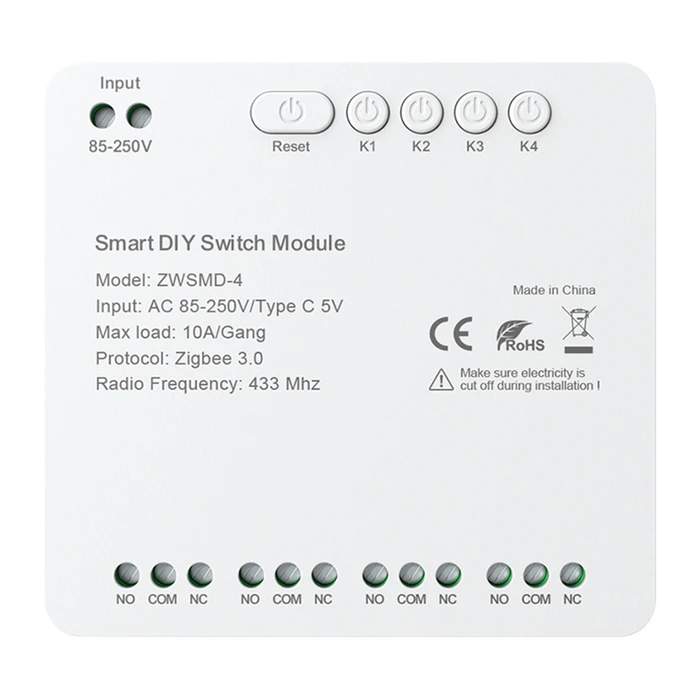 Avatto ZWSMMD-4-250V 4-κανάλι ZigBee Dry-Contact Relay Module