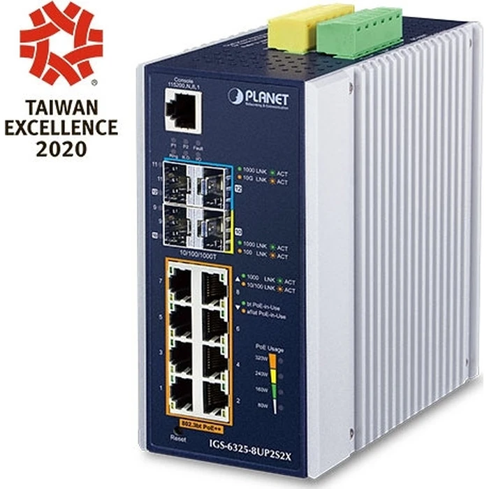 Network Switch Planet Industrial L2+ 8-Port 10/100/1000T 802.3at PoE +