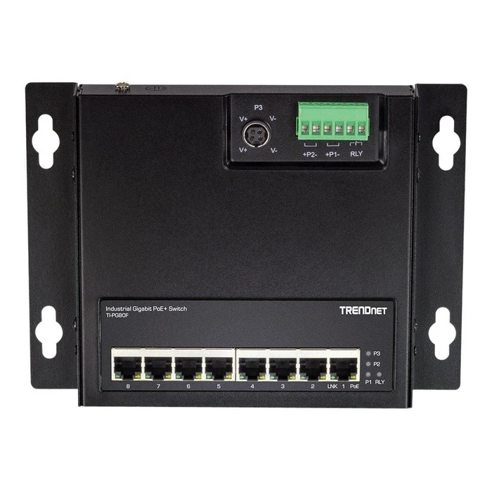 Network Switch Trendnet 8-Port Industrial Gigabit PoE+ WallMount Front Acc.