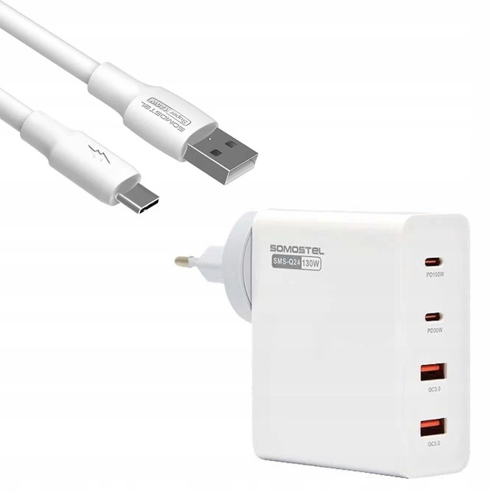 Φορτιστής Πρίζας Somostel 130W GaN White 2x USB + Cable USB Typ-C 6A 120W
