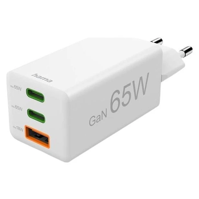 Φορτιστής Πρίζας Hama mini GaN 65W PD/QC 2x USB-C, 1x USB-A White