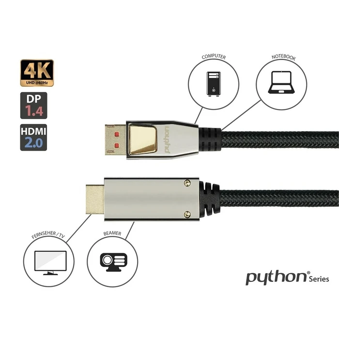 Καλώδιο HDMI Python DisplayPort 1.4/- 2.0 Nylong. Black 10m