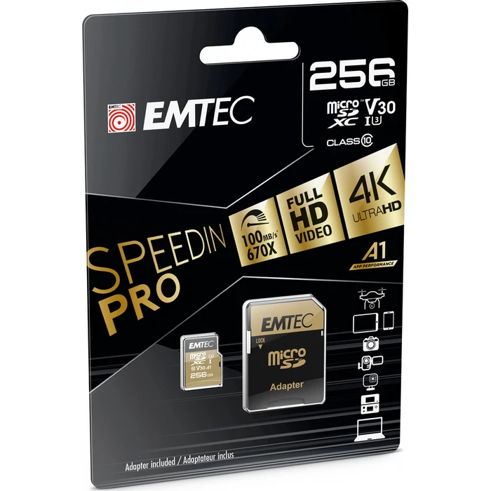 Κάρτα Μνήμης microSDXC 256GB Emtec UHS-I U3 V30 A1 SpeedIN Pro + Adapter