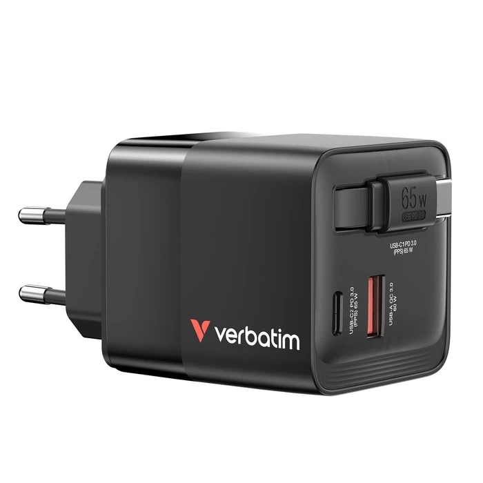 Φορτιστής Πρίζας Verbatim Gan 65W 2xUSB-C PD,1xUSB-A, retrac. Cable 32217