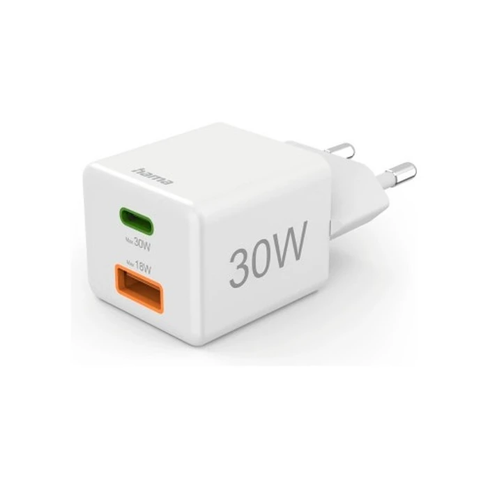 Φορτιστής Πρίζας Hama Mini 30W PD/QC (1x USB-C, 1x USB-A) Λευκός