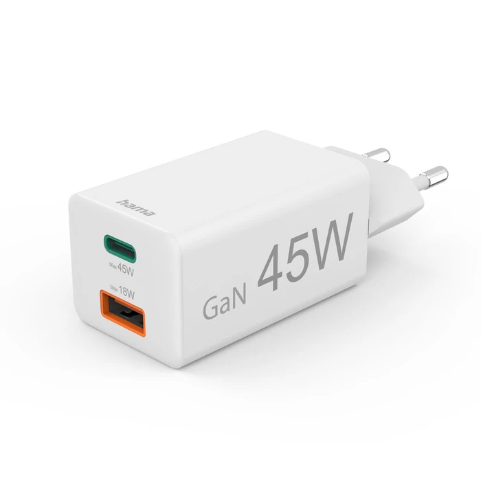 Φορτιστής Πρίζας Hama Mini GaN 45W PD/QC (1x USB-C, 1x USB-A) Λευκός