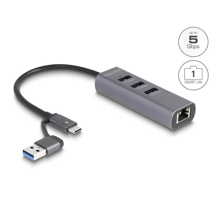 USB Hub Delock 3 Port USB 5 Gbps Hub + Gigabit LAN with USB Type-C
