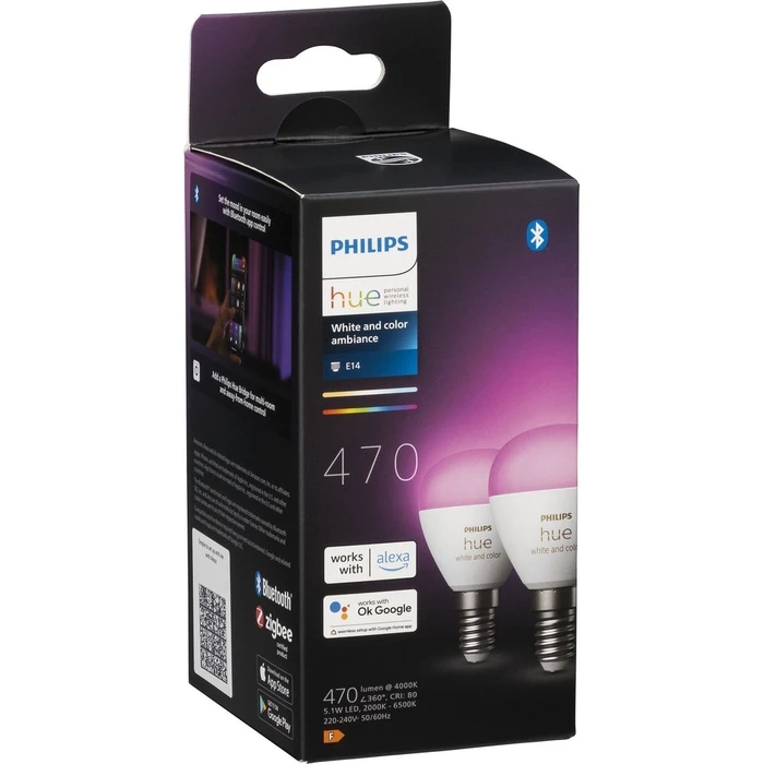 Smart Λάμπες LED Philips Hue Luster E14 2pack 5,1W 470lm White Amb. BT