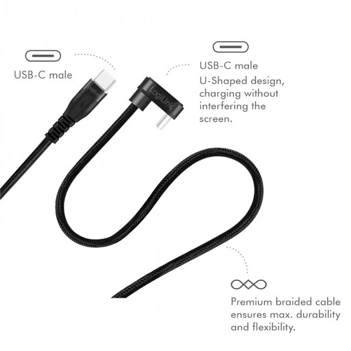 Καλώδιο USB Logilink USB-C 3.0m με πλέξη, γωνιακό, μαύρο