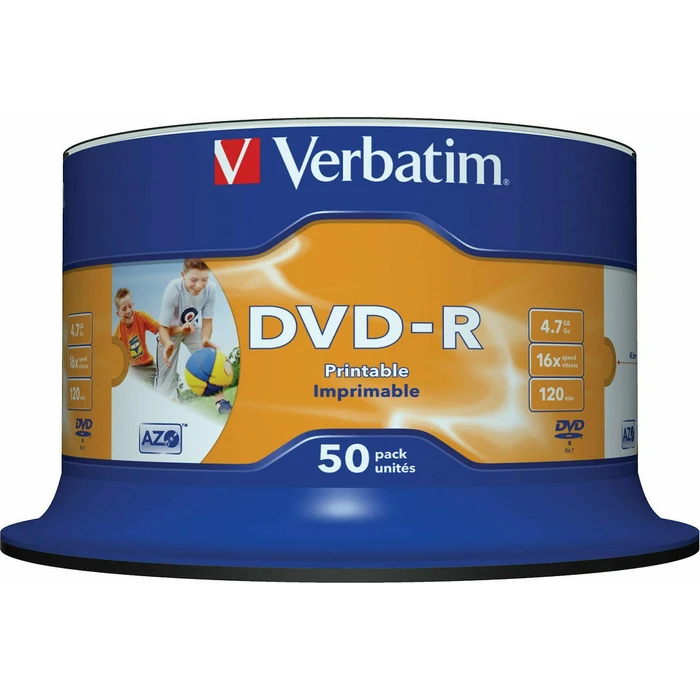 Dvd-R Verbatim 4.7GB 16X 50 Pack Spindle Wide Inkjet Printable Surface 43533