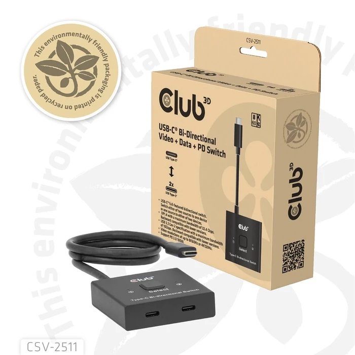 USB Hub Club 3D USB-C Switch 2<->1 10Gbps + 100W PD M/F