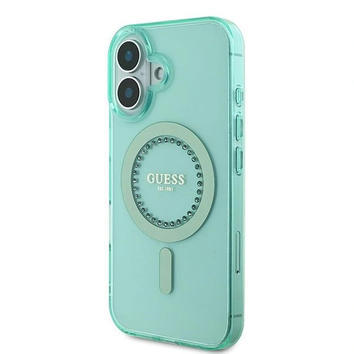 Guess GUHMP16SPFTDTEN Apple iPhone 16 hardcase IML Rhinestones MagSafe green
