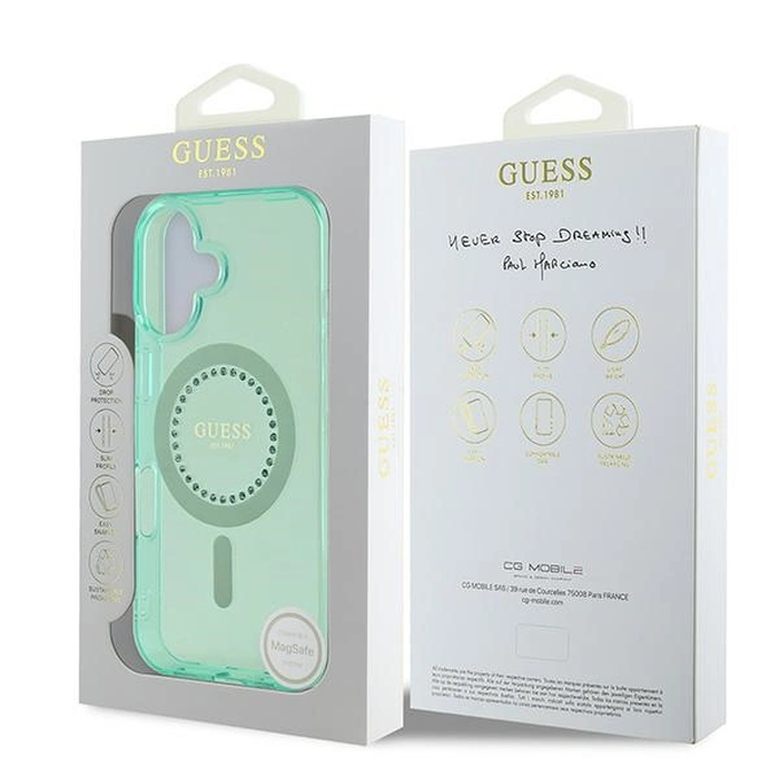 Guess GUHMP16SPFTDTEN Apple iPhone 16 hardcase IML Rhinestones MagSafe green