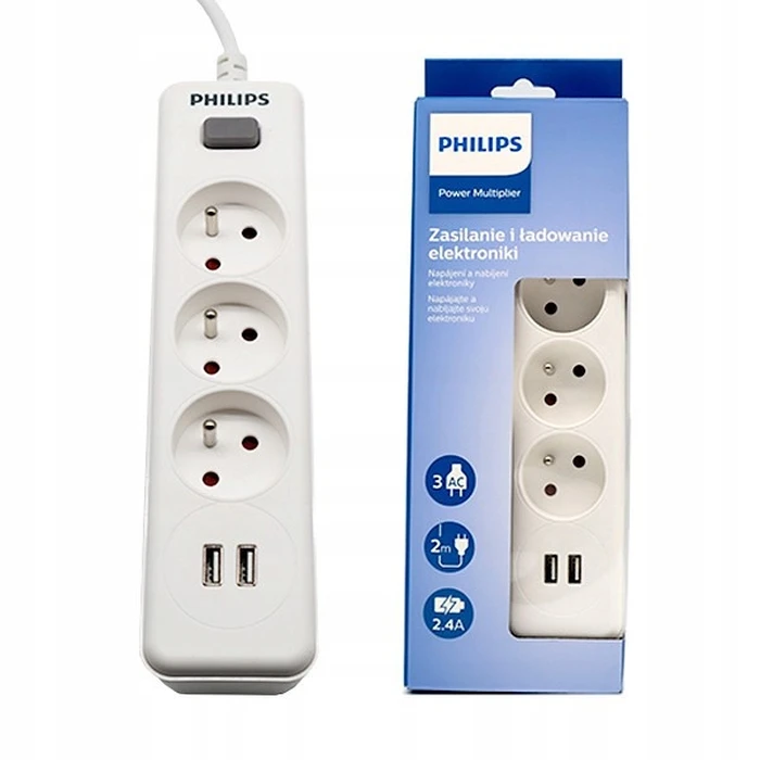 Πολύπριζο με USB Philips surge protector White 3 sockets 2xUSB 2m spn3032wa/60