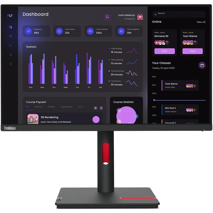 Monitor 23,8" Lenovo (1920×1080) ThinkVision T24i-30 IPS 75Hz VGA HDMI DP USB-Hub Black