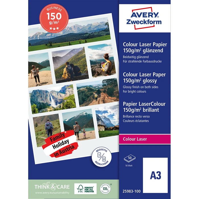 Χαρτιά Εκτύπωσης Avery Color Laser, Glossy, Double-Sided Coated, 150g, 297 x 420mm A3