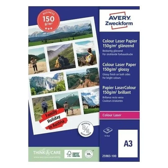 Χαρτιά Εκτύπωσης Avery Color Laser, Glossy, Double-Sided Coated, 150g, 297 x 420mm A3