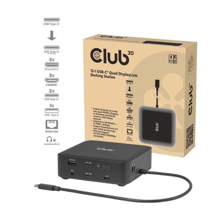 Docking Station Club 3D USB-C 12in1-Dock >2xDP/2xHDMI/3xUSB-C/ 8K30Hz PD100W