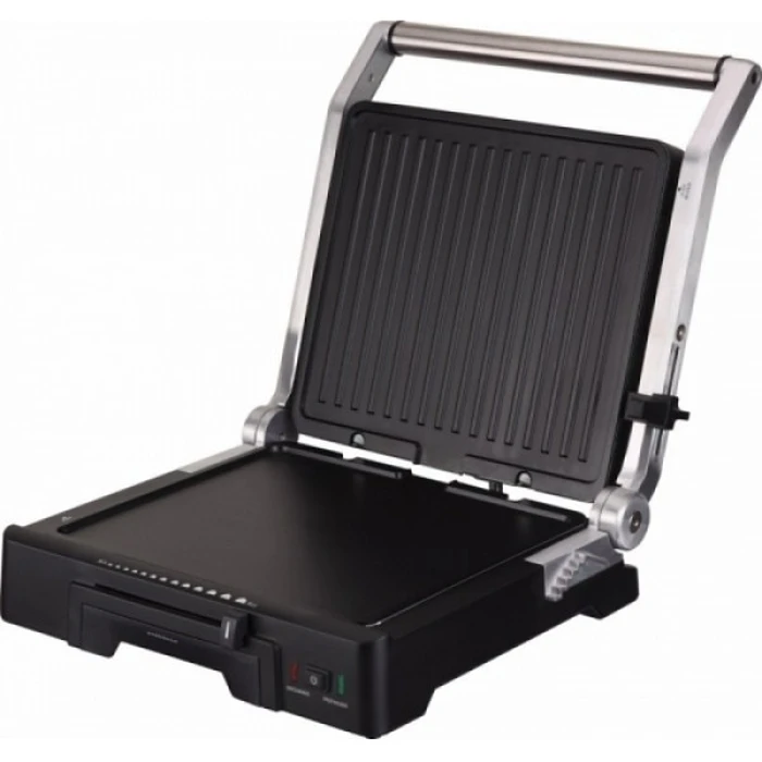 Διπλό Ηλεκτρικό Grill JATA GR1100 2000W Μαύρο-Ασημί, Μη-Κολλητική Επιφάνεια, Άνοιγμα 180°, Ρυθμιζόμενο Άνω Πλάκας 6 Θέσεων