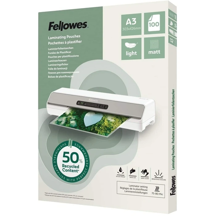 Fellowes Φύλλα Λαμινάρισματος A3, Light, Ματ, Ανακυκλωμένα, 80 μm, 100 τεμ.