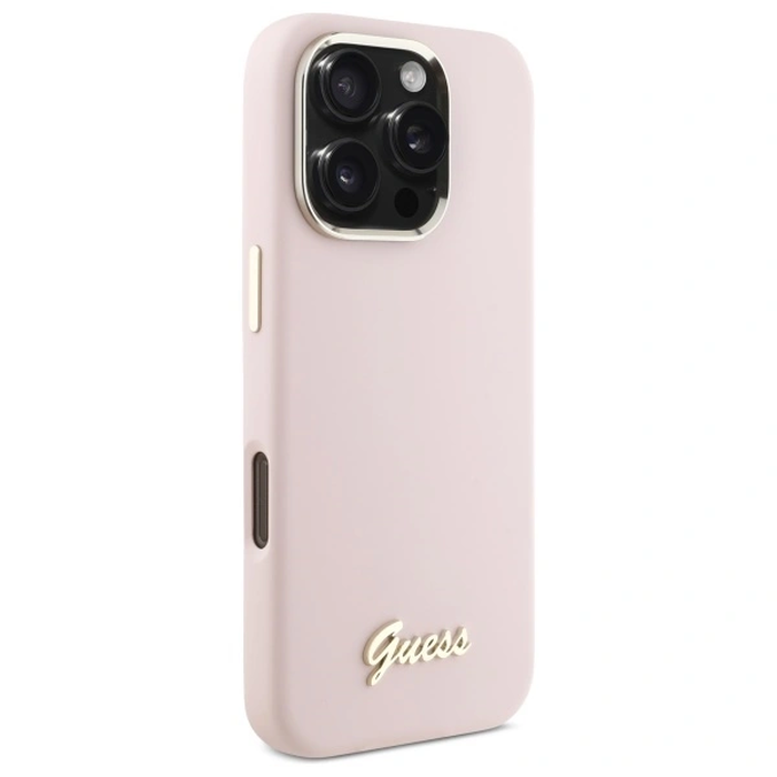 Guess GUHCP16LSMBSLP Apple iPhone 16 Pro hardcase Silicone Script Metal Logo & Frame pink