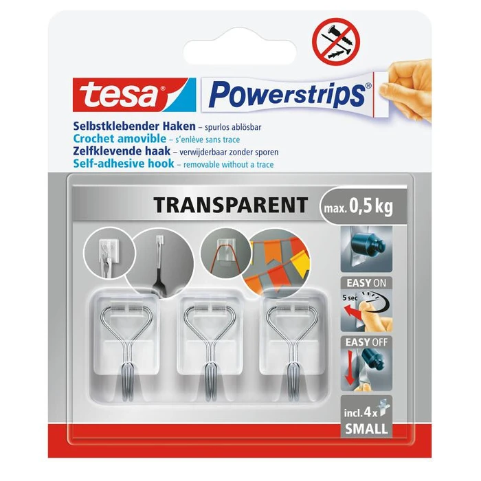 tesa Powerstrips Διάφανοι Αυτοκόλλητοι Γάντζοι με Σύρμα 0,5 kg (3 τεμ.)