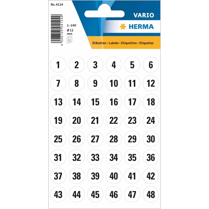 HERMA Zahlen 12 mm 1–240 Paper White/Black — 5 sheets, 240 round self-adhesive number stickers (Ø12 mm)