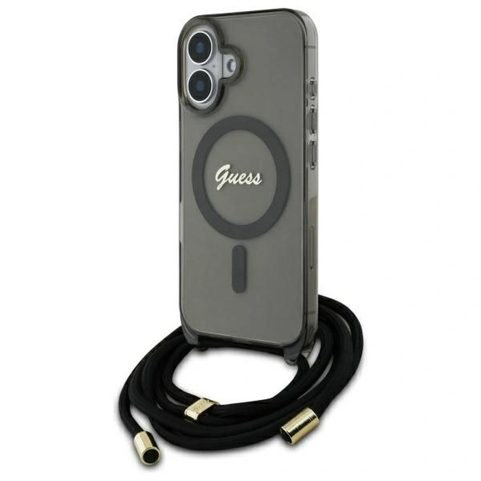 Guess GUHMP16SHCTSGNSK Apple iPhone 16 hardcase Crossbody Cord Script MagSafe black