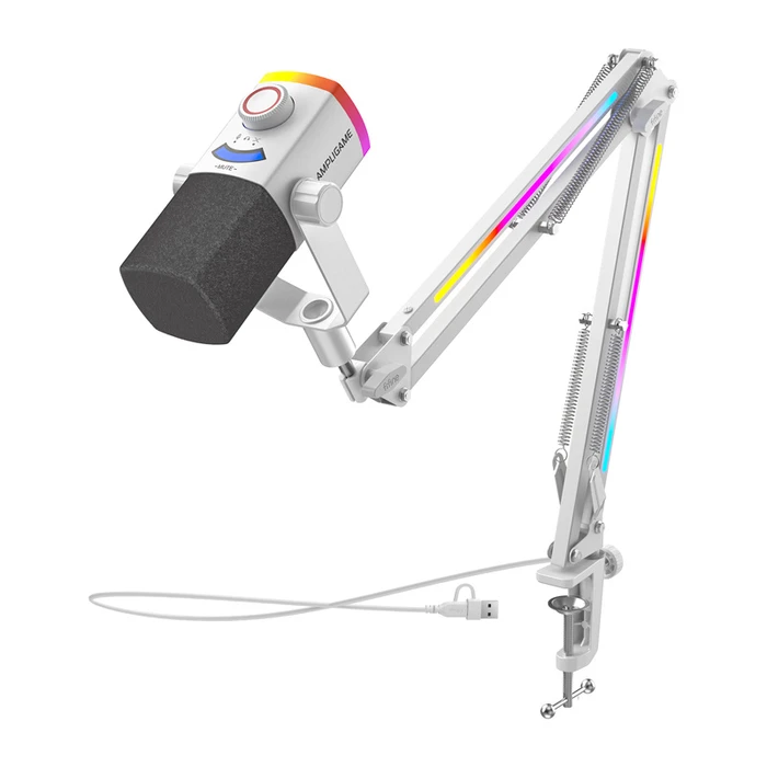 FIFINE AmpliGame AM8 dynamic USB/XLR microphone with boom arm (White)