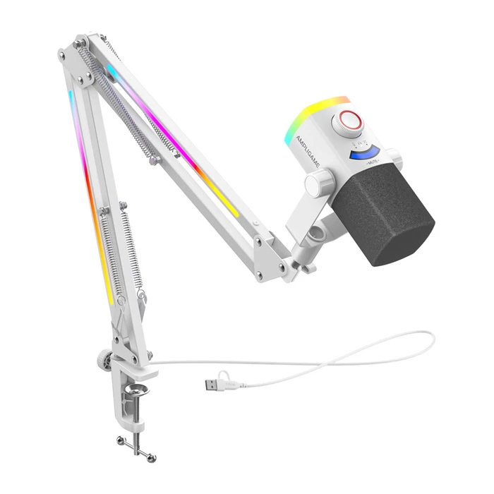 FIFINE AmpliGame AM8 dynamic USB/XLR microphone with boom arm (White)