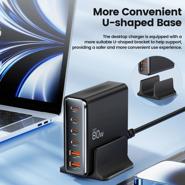 Tech-Protect DC80W-GAN charging station 6-port 2xUSB-A, 4xUSB-C desktop charger PD80W / QC3.0 black